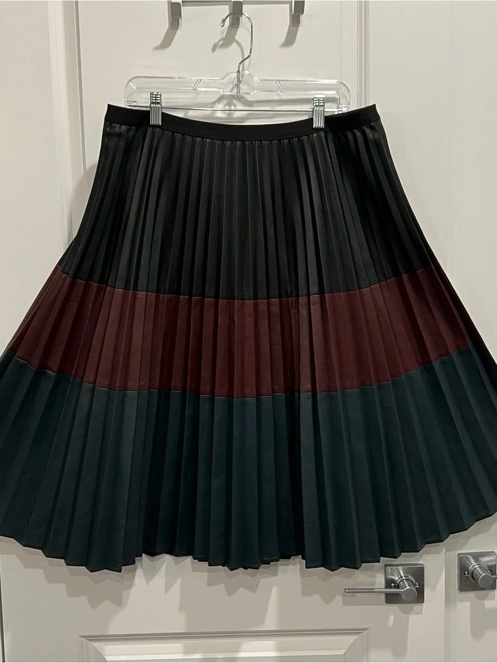 BCBGMaxAzria Black, Burgundy & Teal Pleated Midi Skirt - Picture 2 of 9